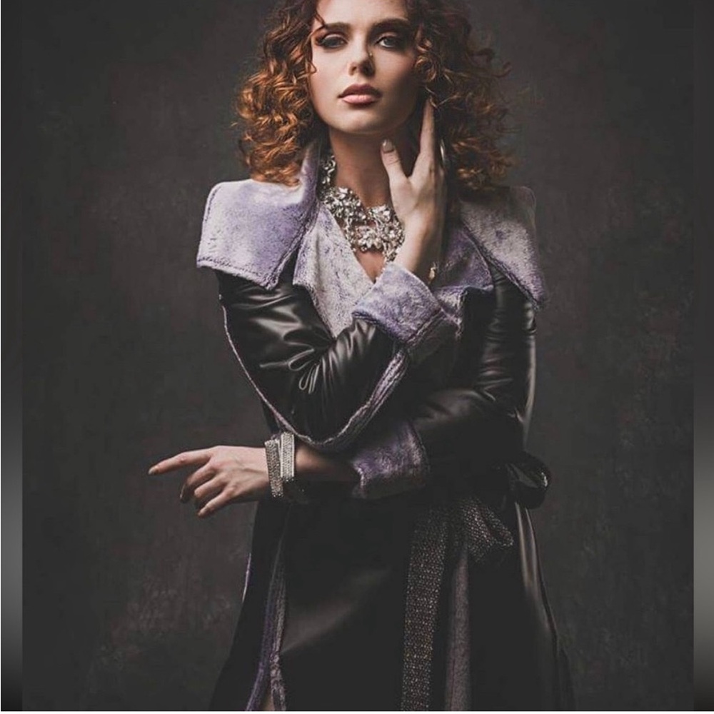 Faux leather long jacket liquid look and soft faux fur shearling lining